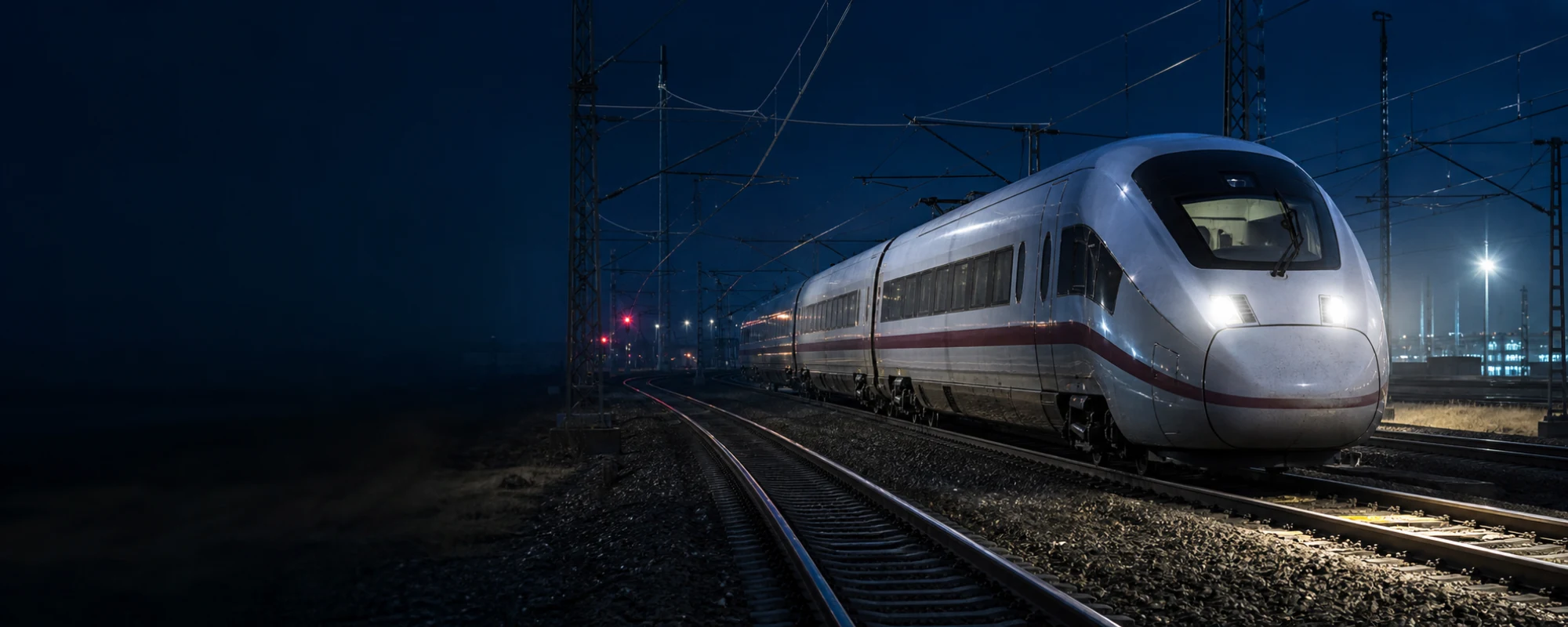 Treno ad alta velocità in movimento su una linea ferroviaria elettrificata di notte